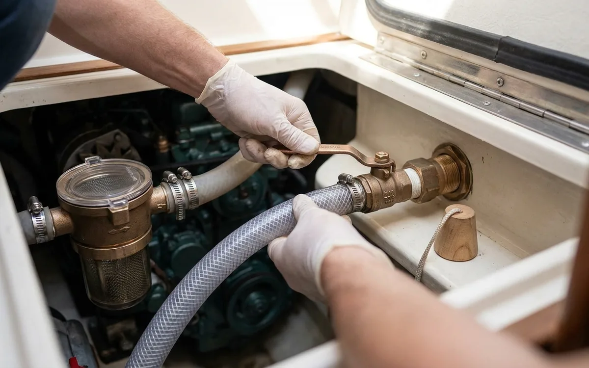 Hands gently operate the raw-water seacock while checking that its valve body and hull fitting stay still.