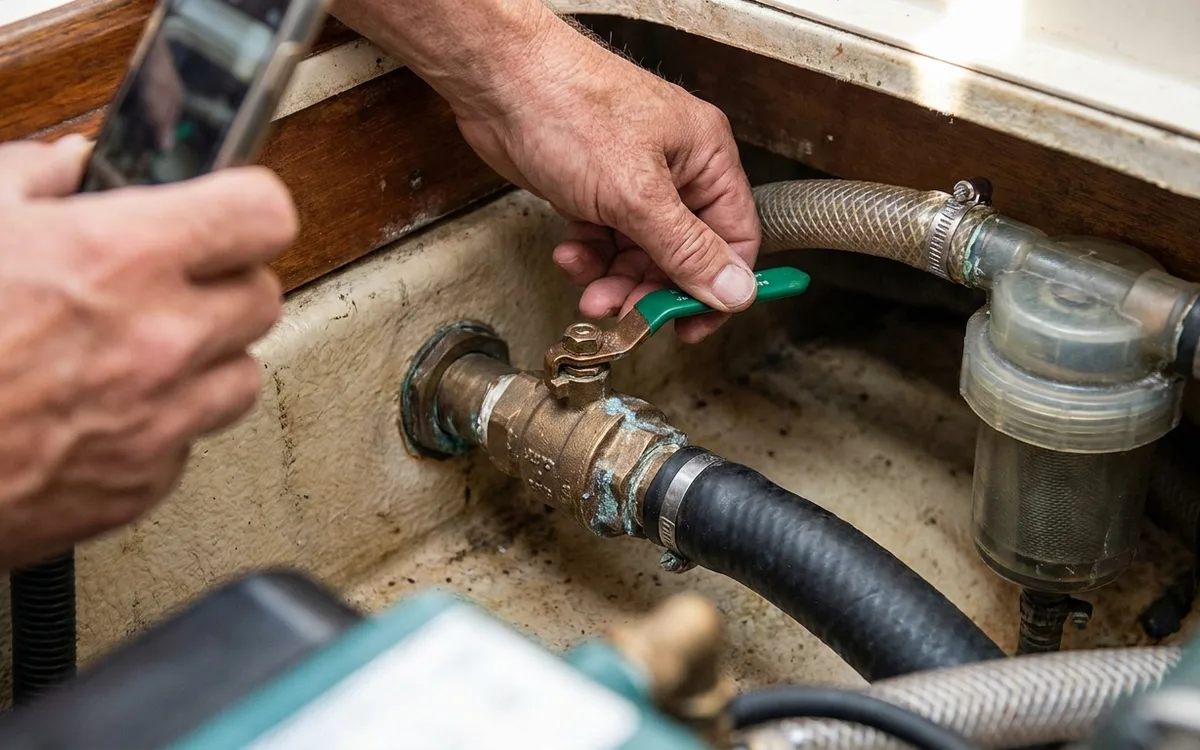 A hand gently checks the raw-water intake seacock while the engine is stopped.