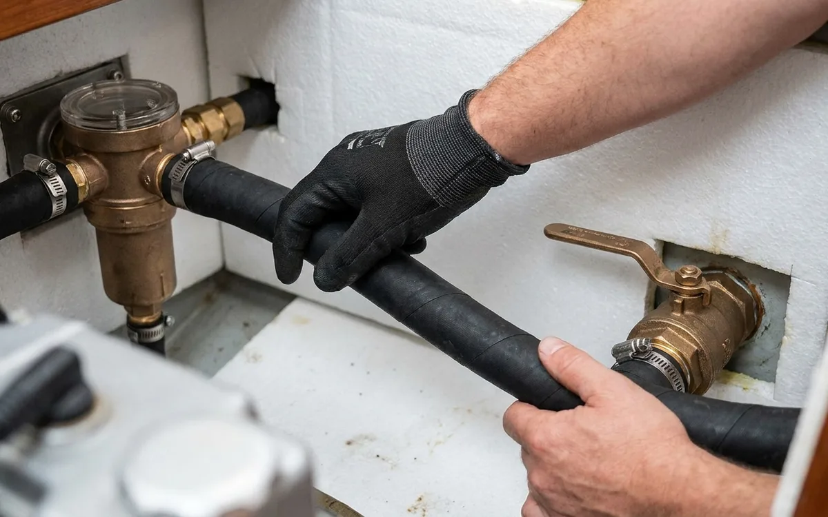 Hands trace the engine raw-water hose and cycle the accessible seacock beside the strainer.