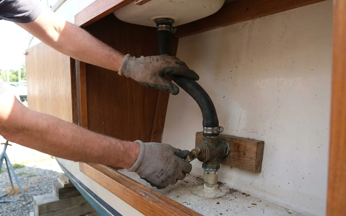 Hands gently operate a galley sink seacock ashore, checking that its valve body and through-hull stay still.
