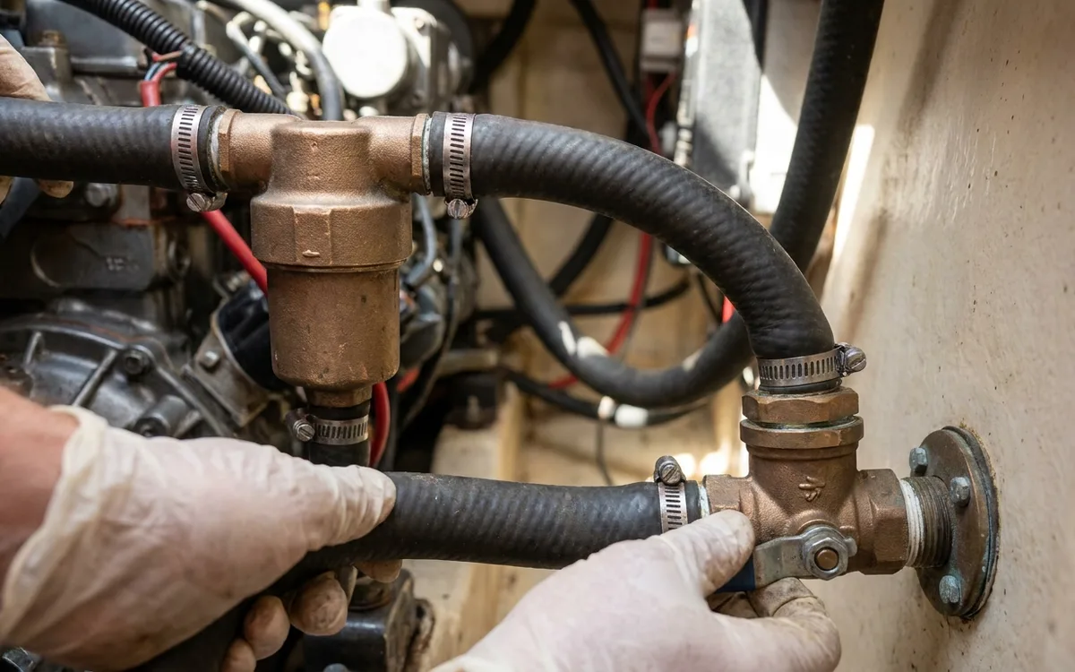 A hand gently checks the engine cooling-water seacock while keeping the hose and valve body still.