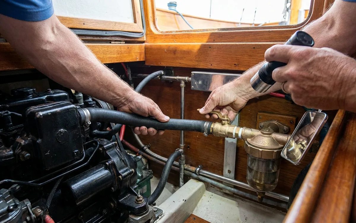 Hands trace the engine cooling hose and gently operate its quarter-turn seacock beside the hull fitting.