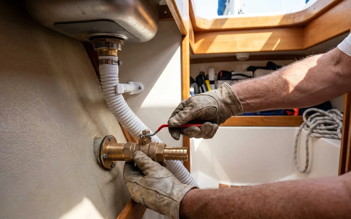 Hands gently cycle a supported galley drain seacock ashore, with the valve handle aligned with the hose when open.
