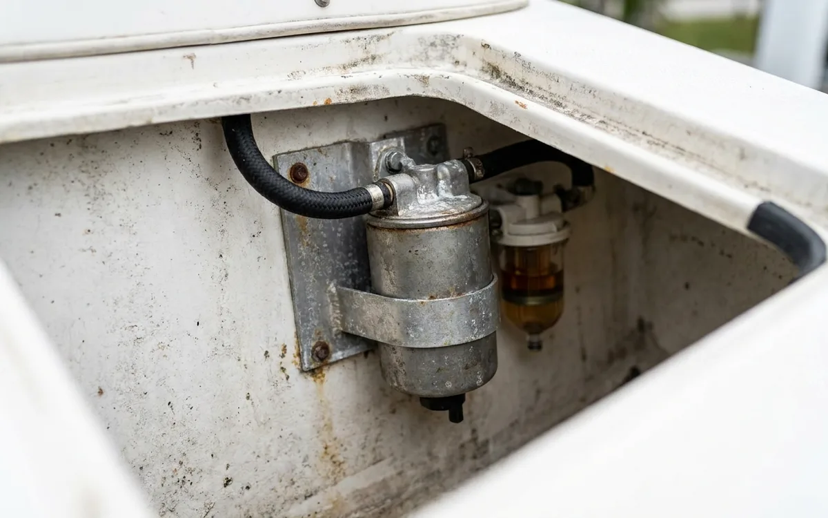Fuel water separator mounted inside the starboard rear locker against the inner transom wall.