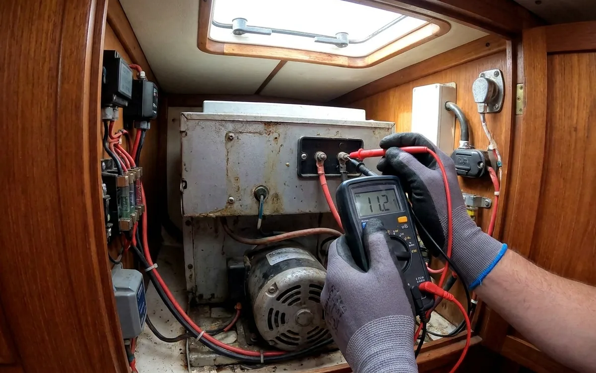 Hands measure voltage across the fridge’s DC input terminals as its compressor tries to start.