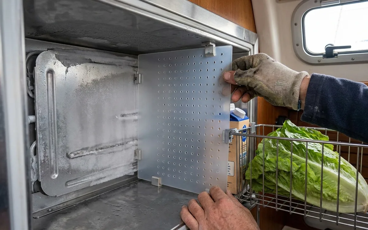 Hands secure a perforated divider to keep lettuce and milk clear of the refrigerator evaporator plate.