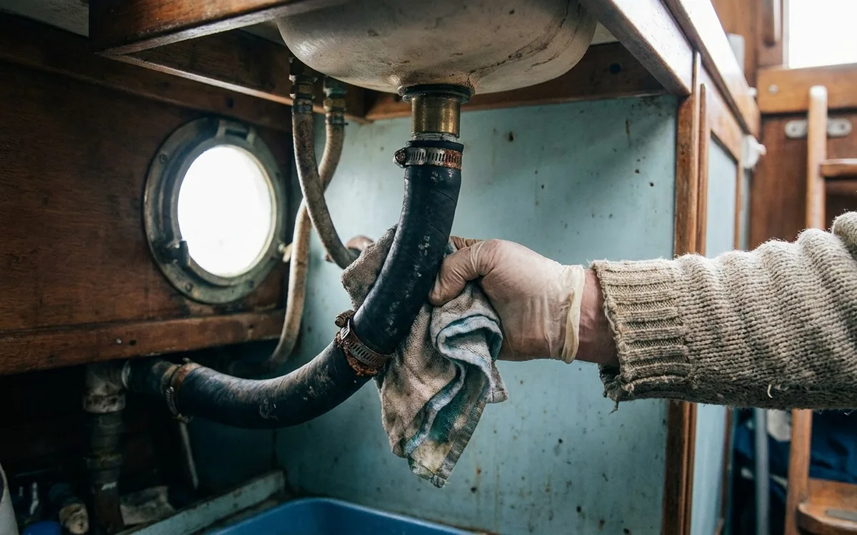 A warm damp cloth pressed against a marine toilet hose during an odor check