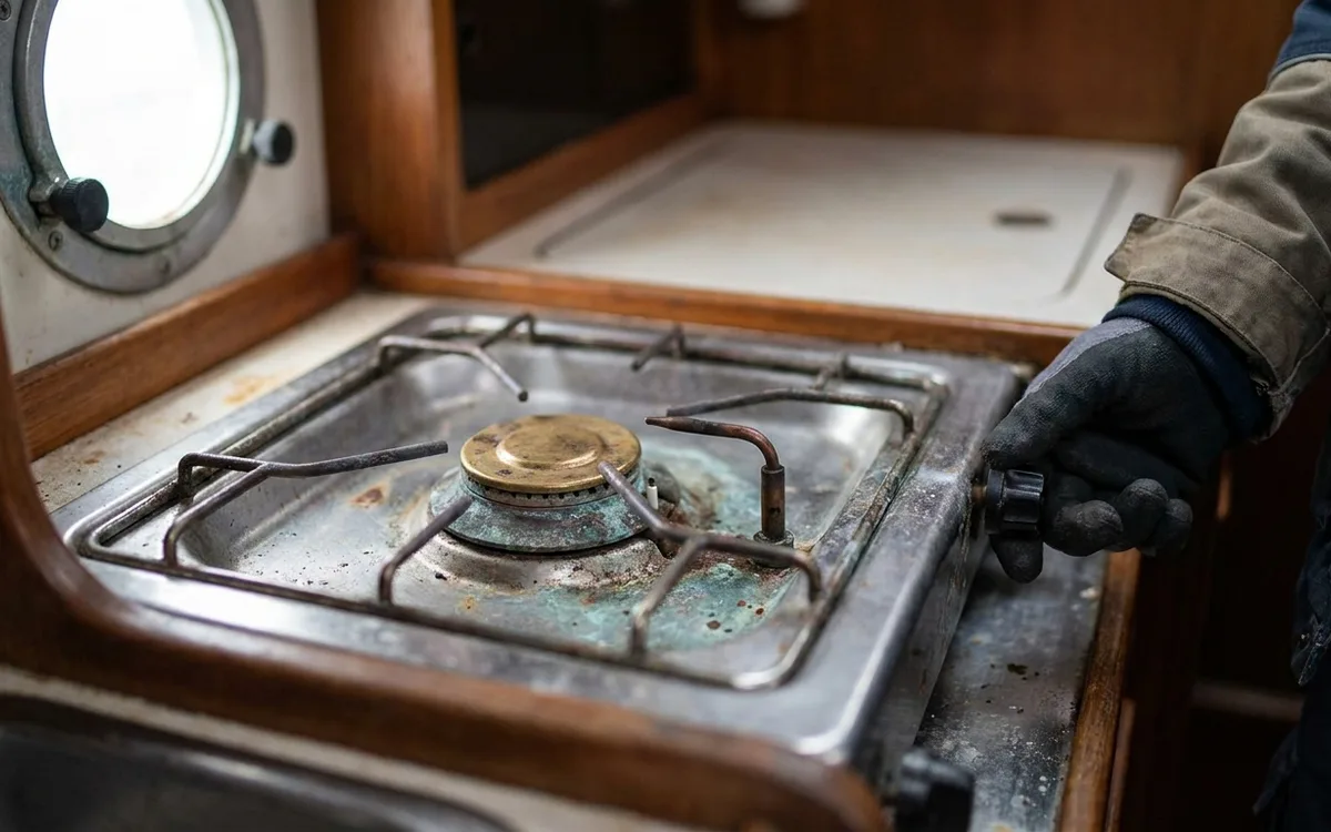 Corroded Eno stove burner and thermocouple probe beside the flame ports.