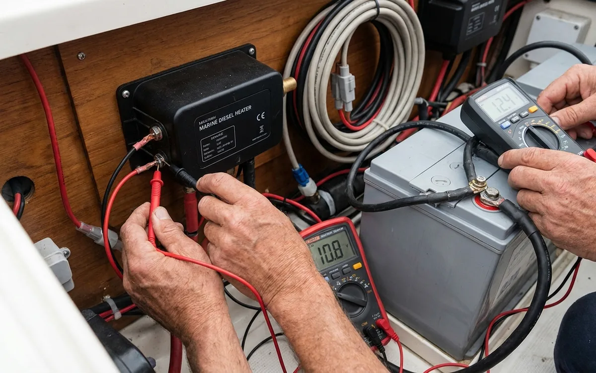 Hands measure voltage across the heater supply terminals with a multimeter during startup.