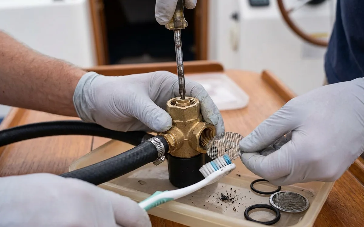 Hands remove and brush grit from a marine toilet’s inlet solenoid screen with the water and power shut off.