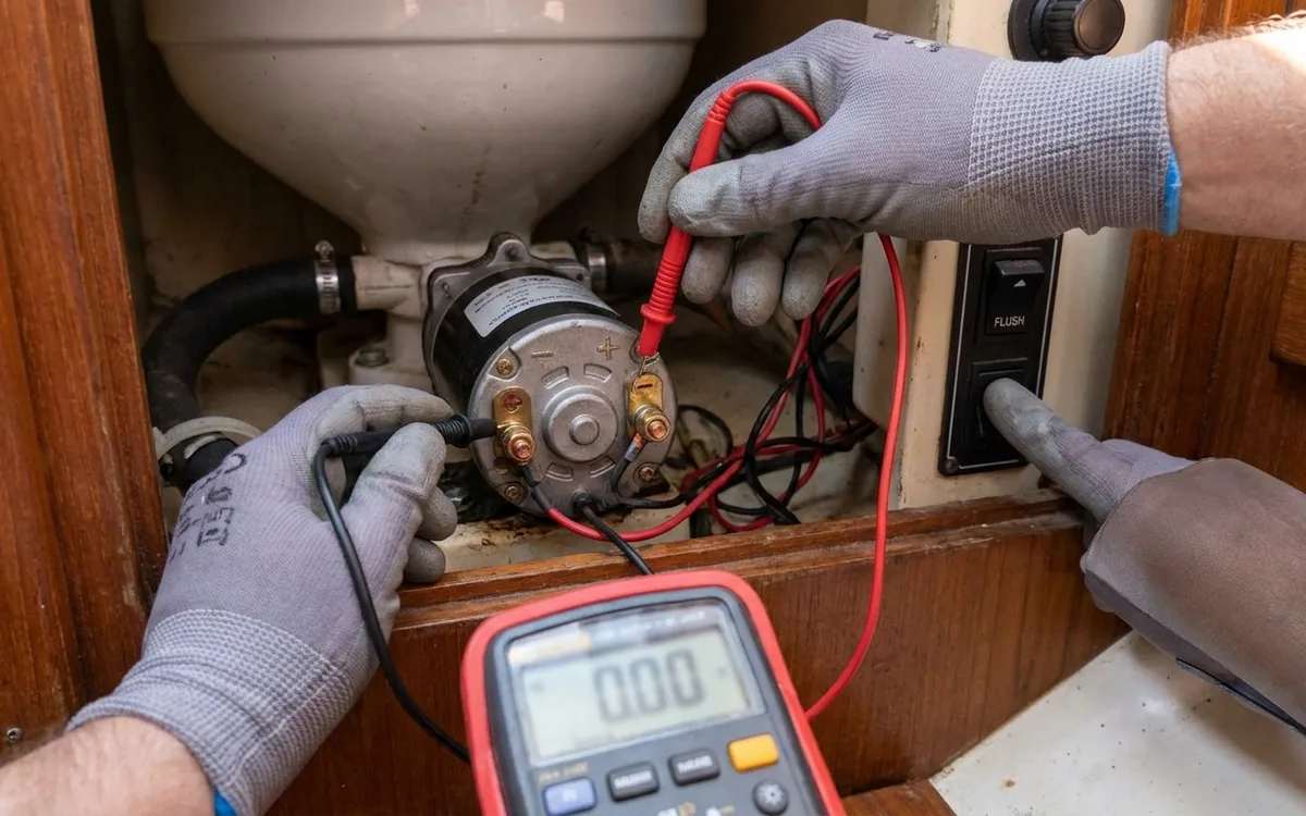 Hands measure voltage at a marine toilet motor’s supply terminals while it runs.