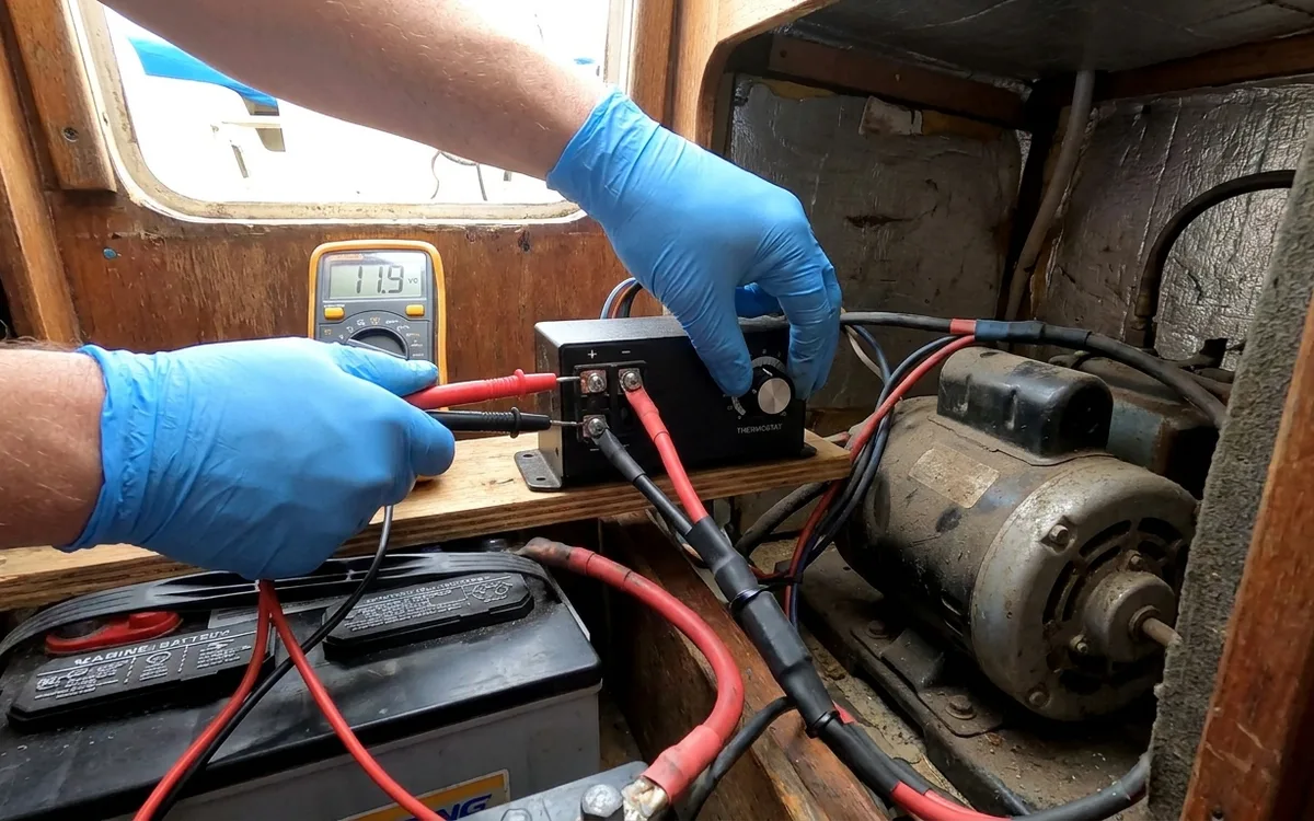 Hands measure DC voltage across the fridge compressor controller terminals during a start attempt.