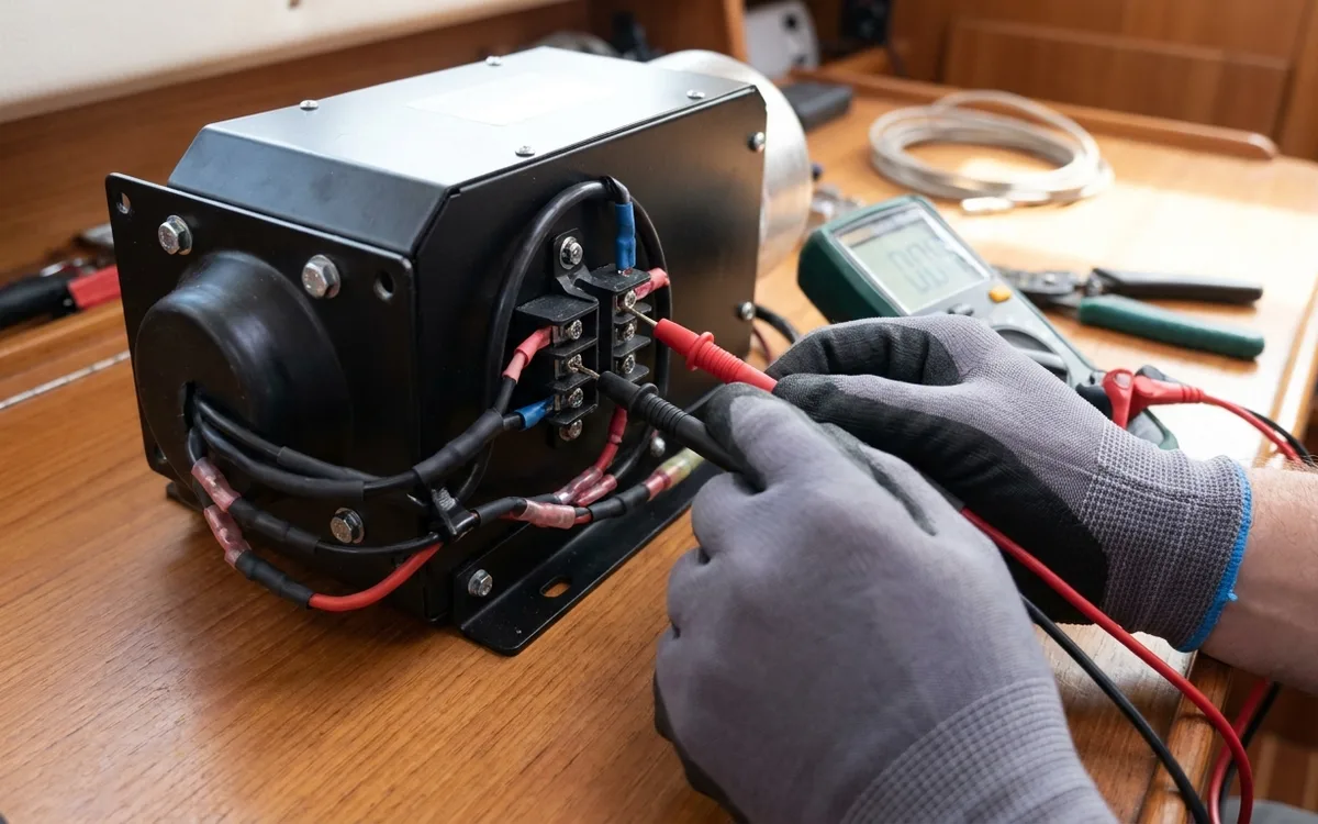 Insulated multimeter probes measure voltage across a boat heater’s supply terminals during startup.