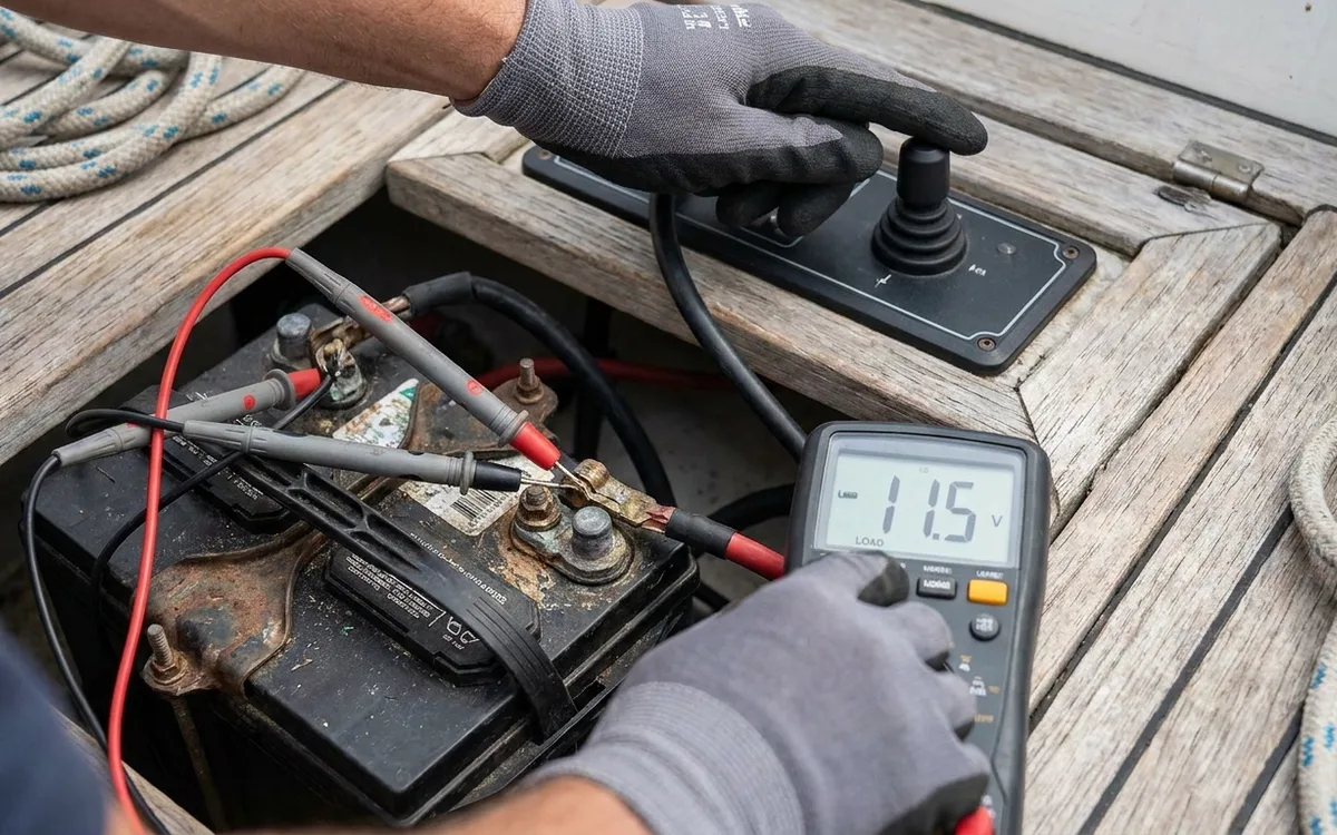 Meter probes on battery posts during a brief bow-thruster test at the joystick.