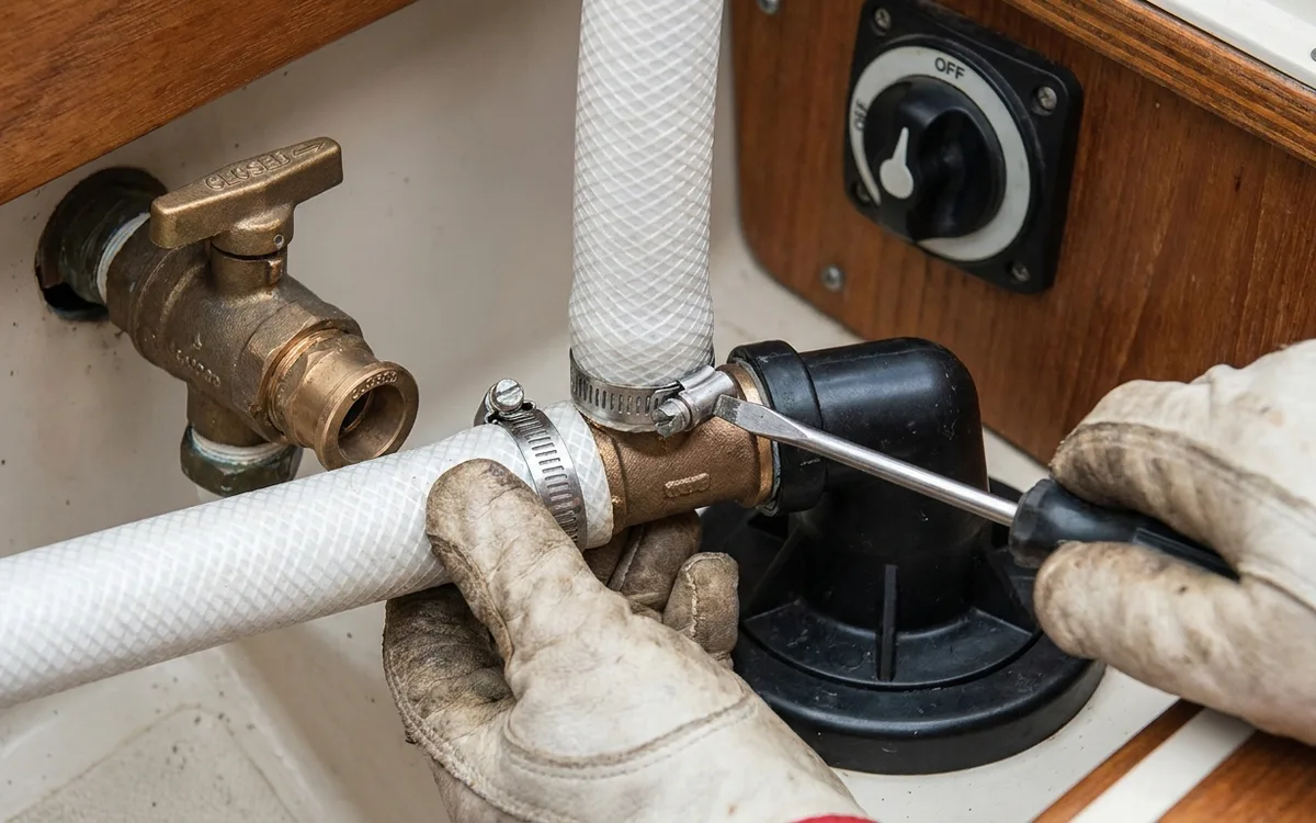 Hands snug a hose clamp on the toilet pump inlet hose with the seacock closed.