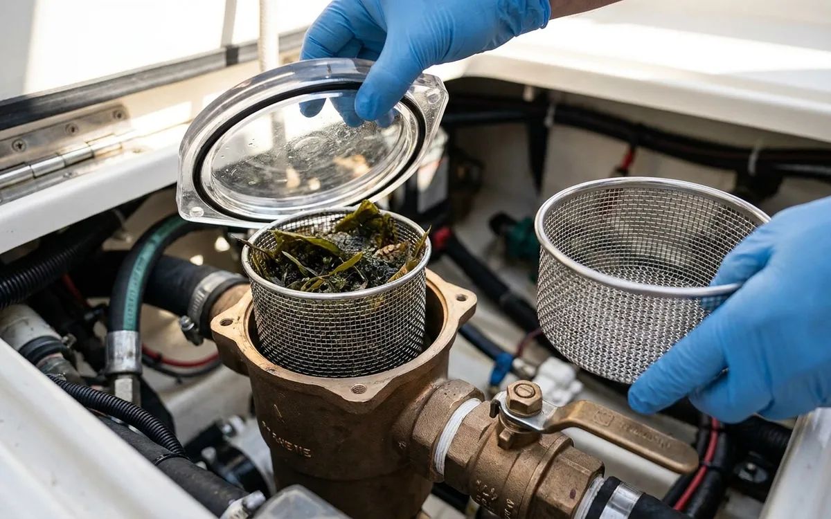 Hands clean weed from a boat watermaker sea strainer basket with the seacock closed.