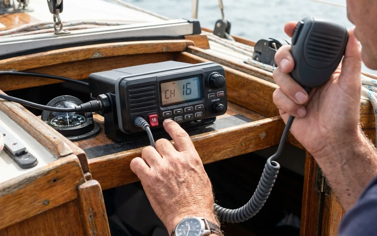 Hands select Channel 16 on a fixed marine VHF radio and hold its microphone ready to call.