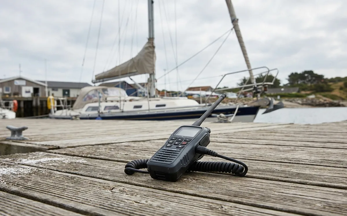 Unused handheld marine VHF on a dock, with harbor buildings partly obscuring the waterway.