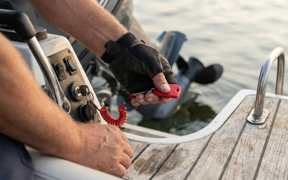 Hands remove the ignition key and emergency-stop chip before anyone approaches the propeller.