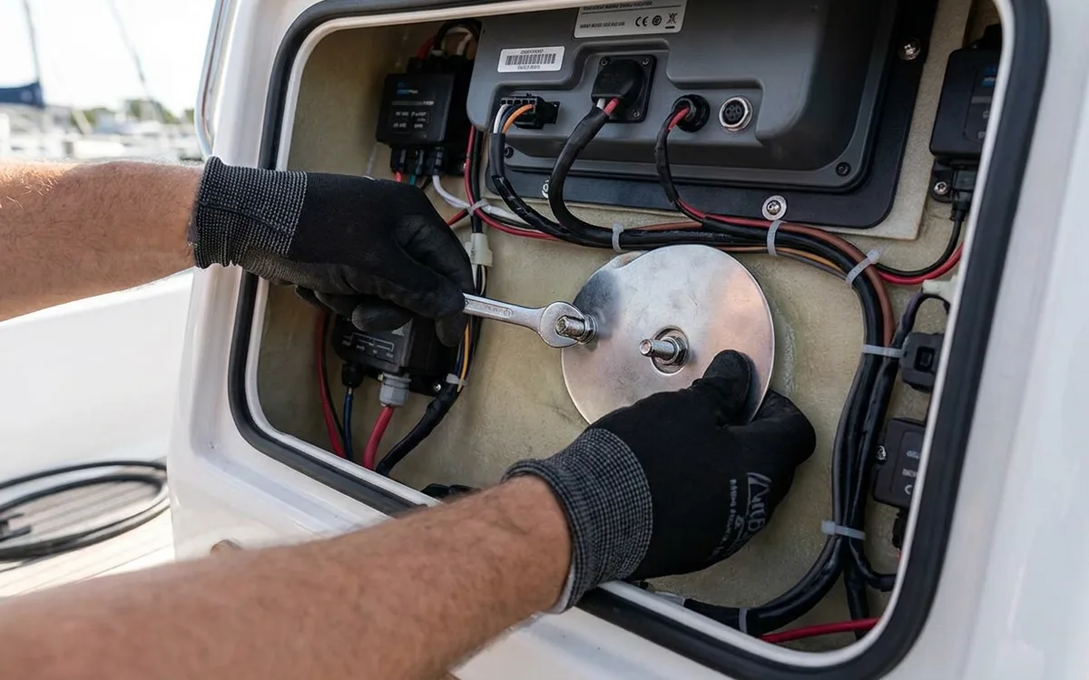 Hands tighten a chartplotter’s rear mounting nut against a broad backing washer inside the helm panel.