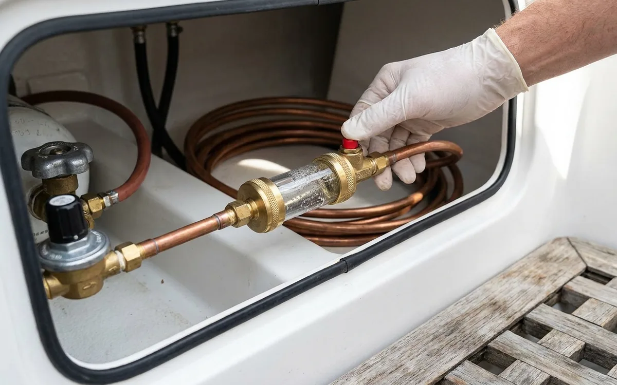 Hand presses a marine bubble tester in a boat gas locker as bubbles appear in its clear chamber.