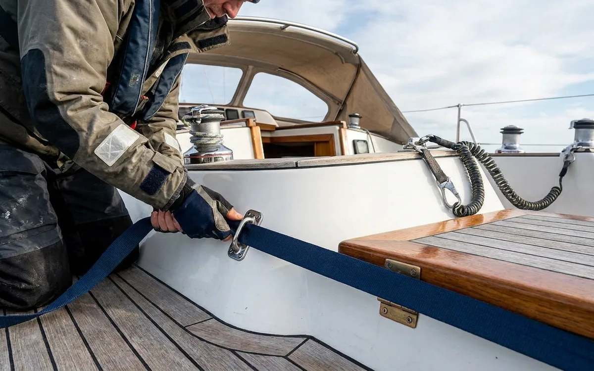 Hands secure an inboard jackline to a backed padeye beside the coachroof, clear of the hatch hinge.