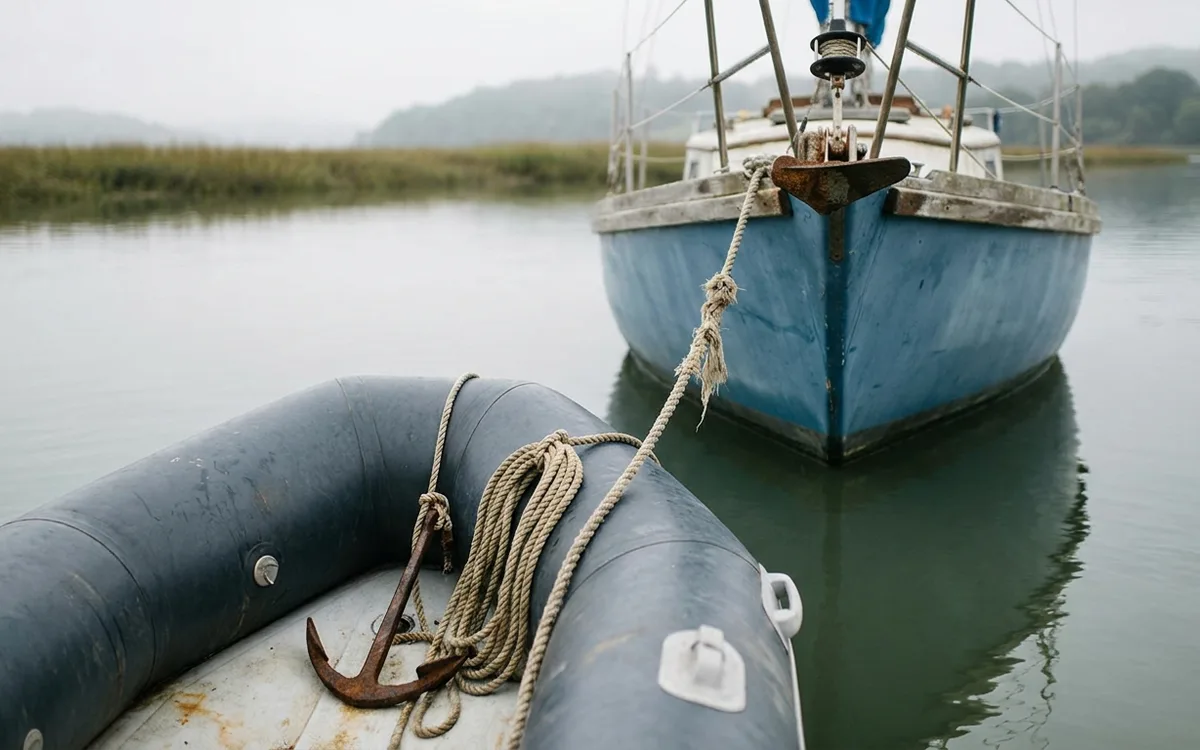 Inflatable dinghy secured at the stern of an anchored cruising sailboat, with a kedge anchor aboard.