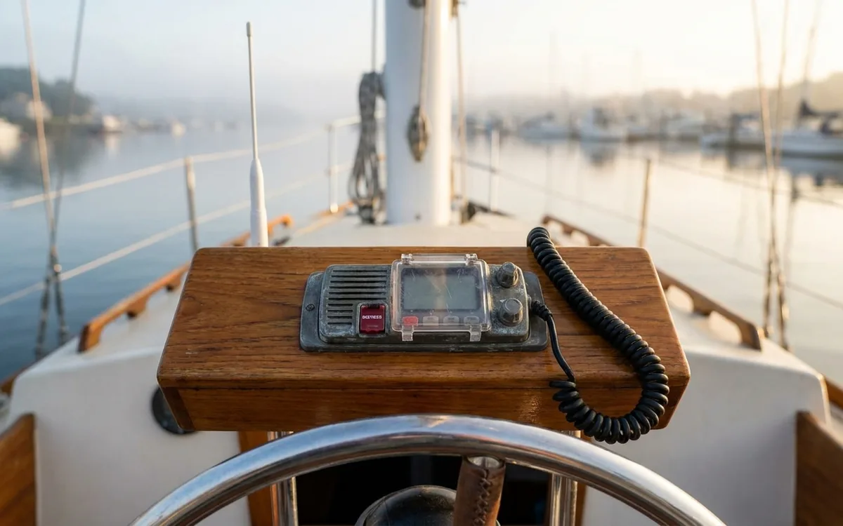 Fixed marine VHF radio at a sailboat helm with its antenna visible above the harbor.