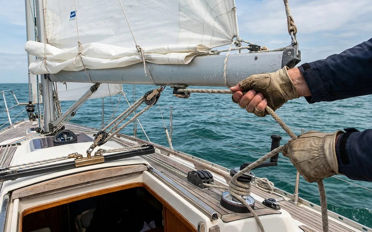 Crew member shortens the mainsail at the reef points while easing the mainsheet from the cockpit.