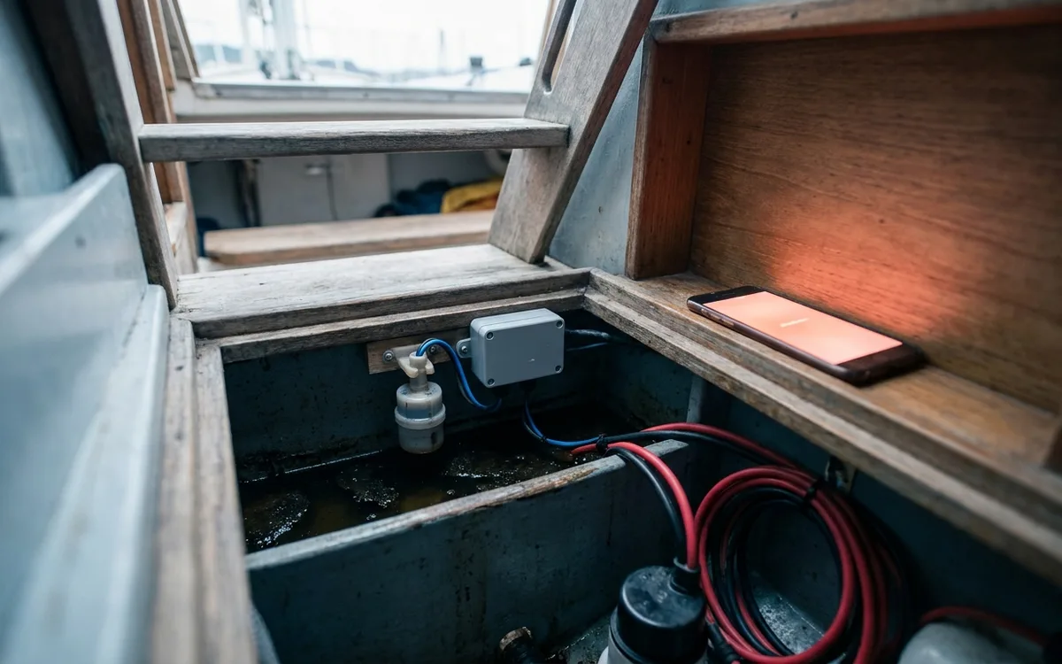 Bilge float switch and wireless sensor node mounted above a sailboat’s bilge pump.