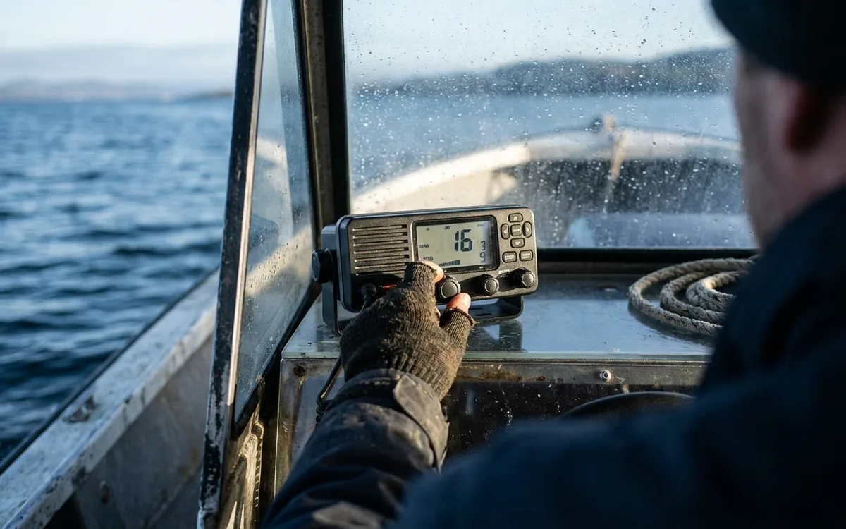 A boater monitors Channel 16 on a marine VHF radio while underway.