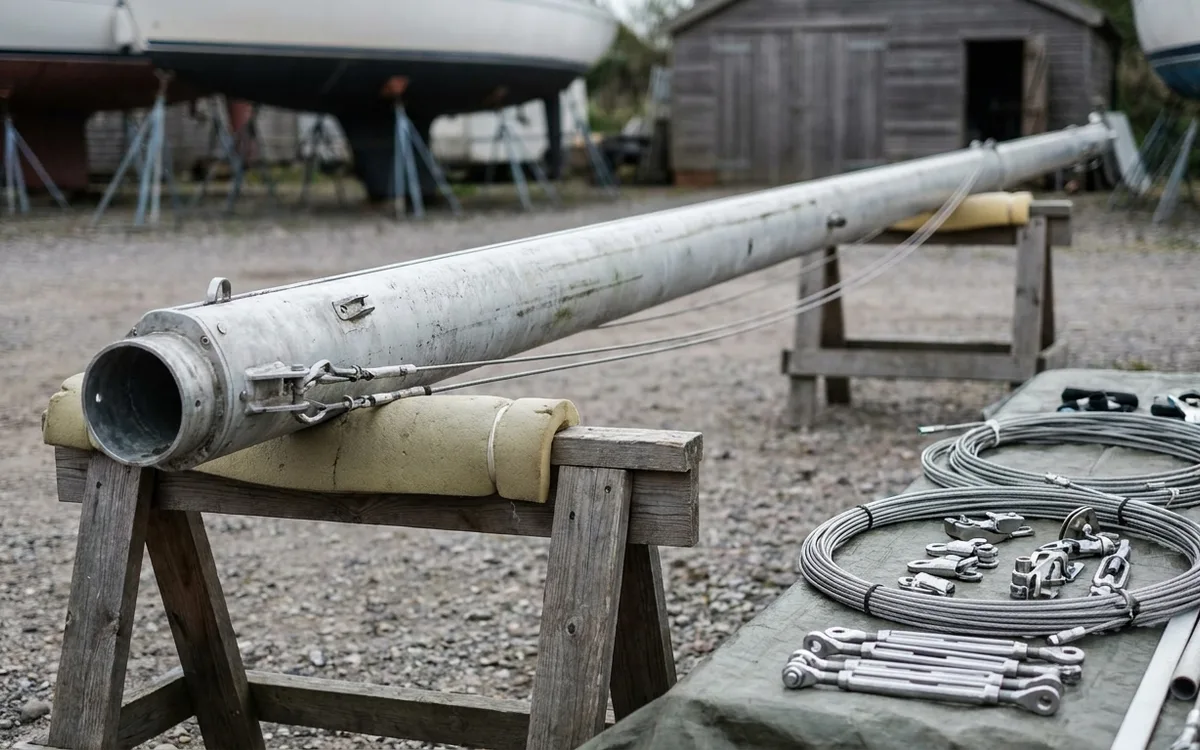 A sailboat mast rests on padded trestles beside laid-out stainless rigging in a boatyard.
