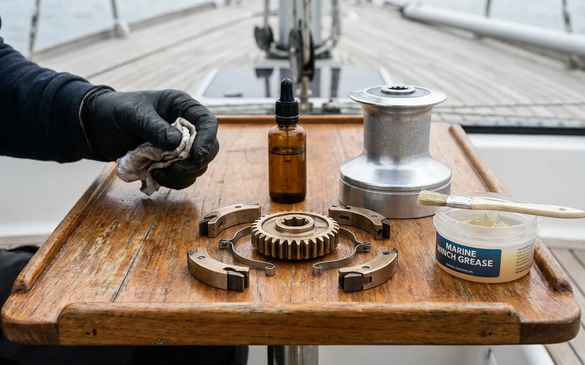 Open sailboat winch showing pawls and springs beside light oil and winch grease.