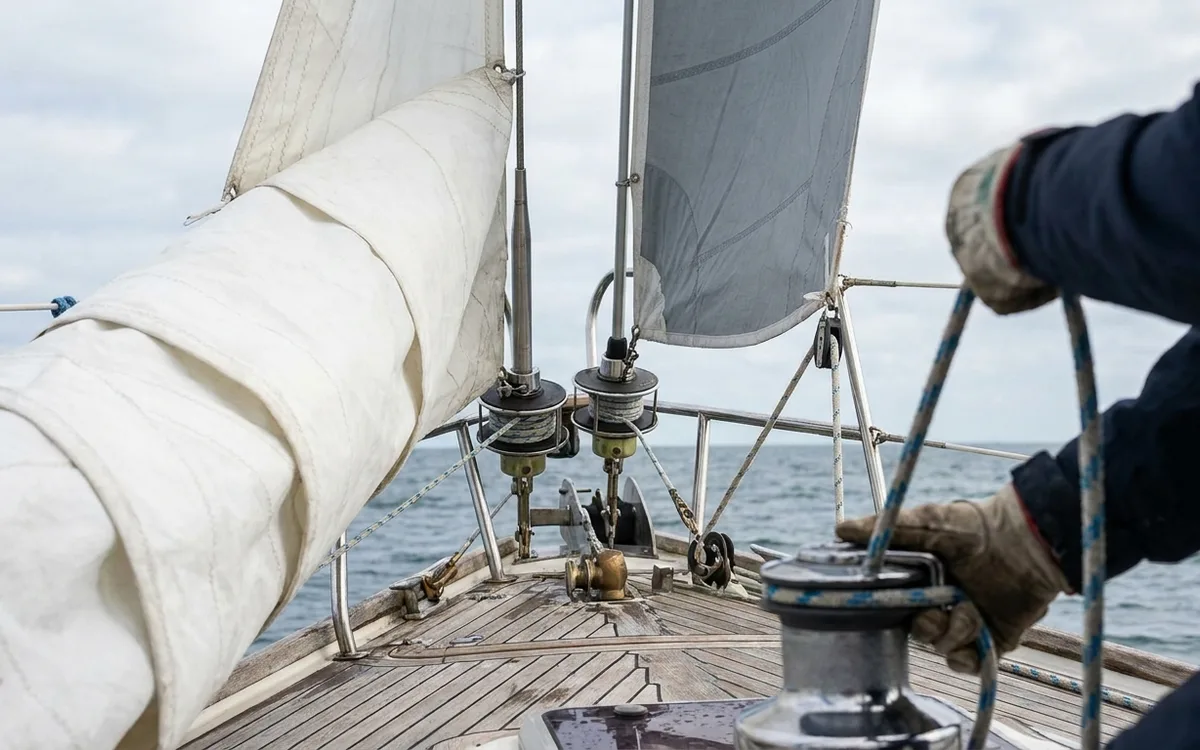 Hands furl the overlapping genoa before a tack while the Solent jib stays set and drawing.