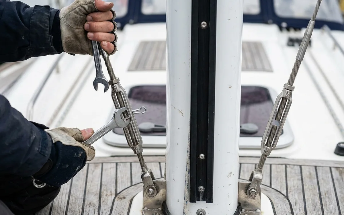 Hands tighten a cap-shroud turnbuckle with two spanners while keeping the mast centered.