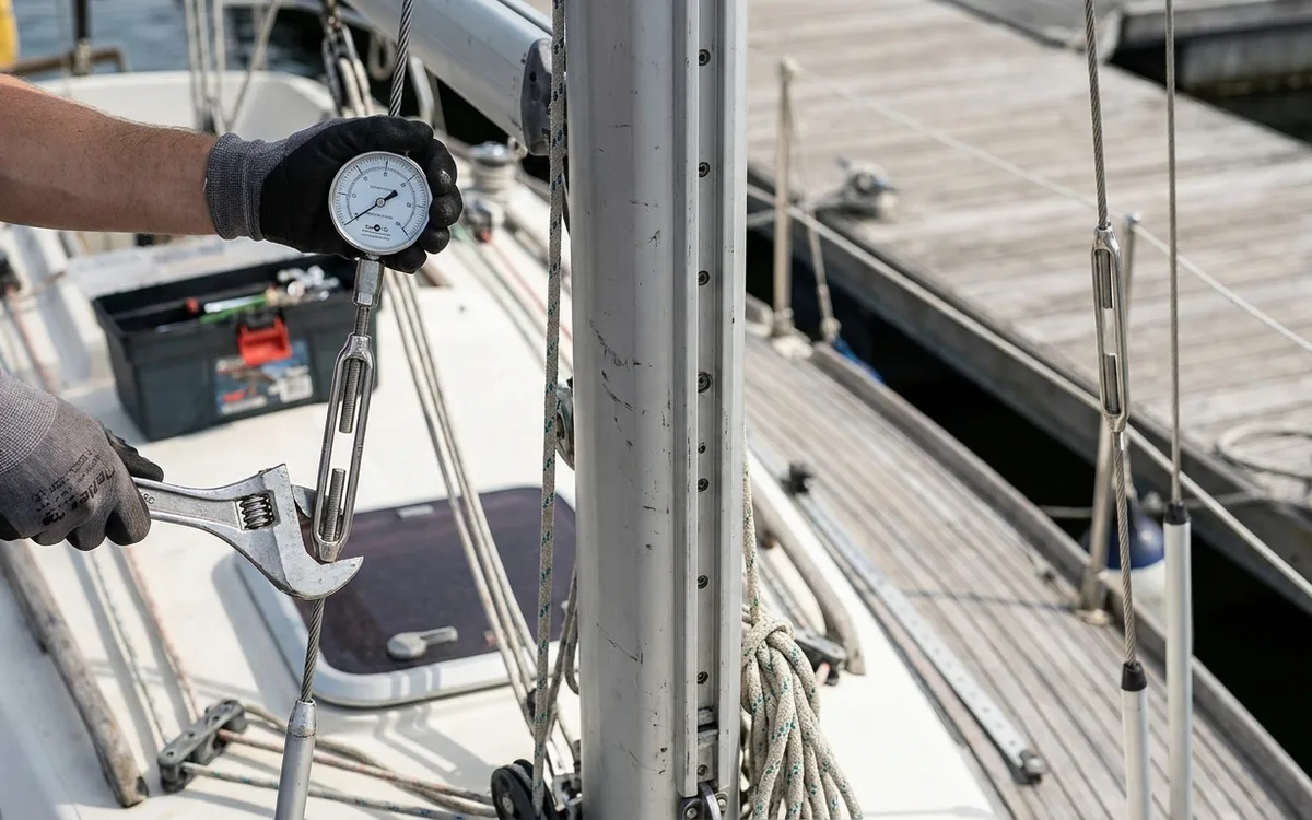 A rigger checks cap-shroud tension with a wire gauge while adjusting the turnbuckle on a Dehler 34.