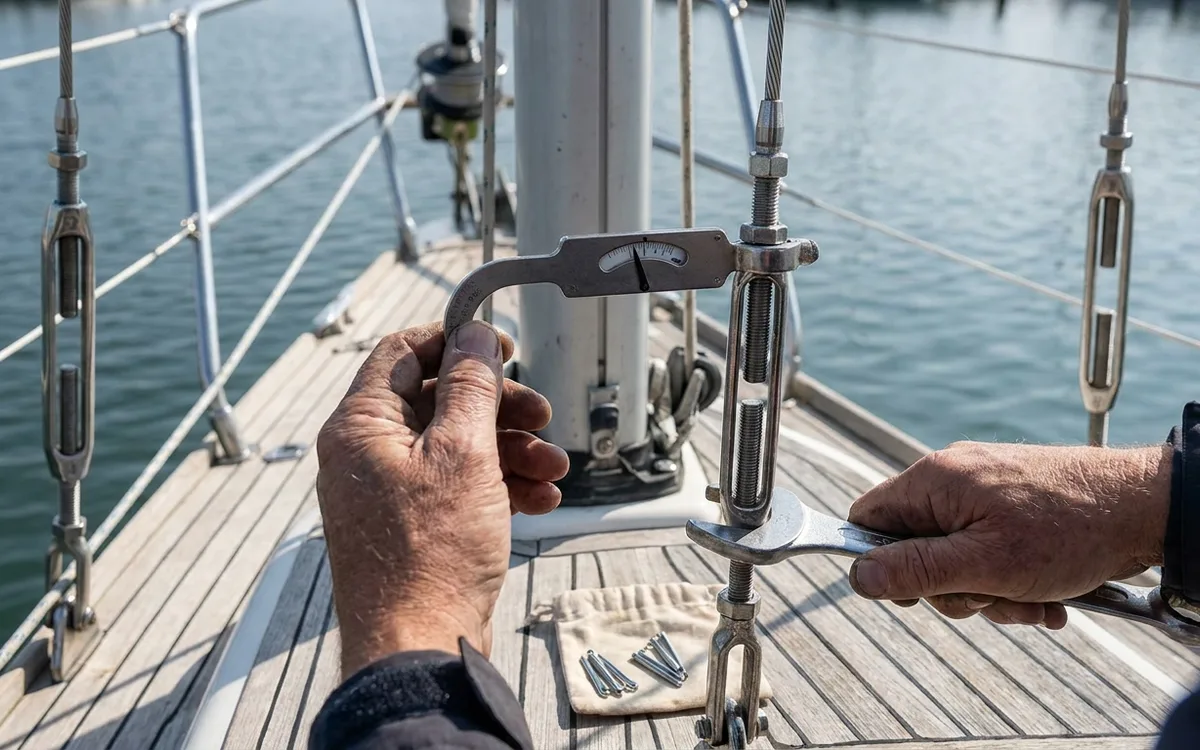 A rigger gauges a cap shroud and adjusts its turnbuckle to balance rig tension.