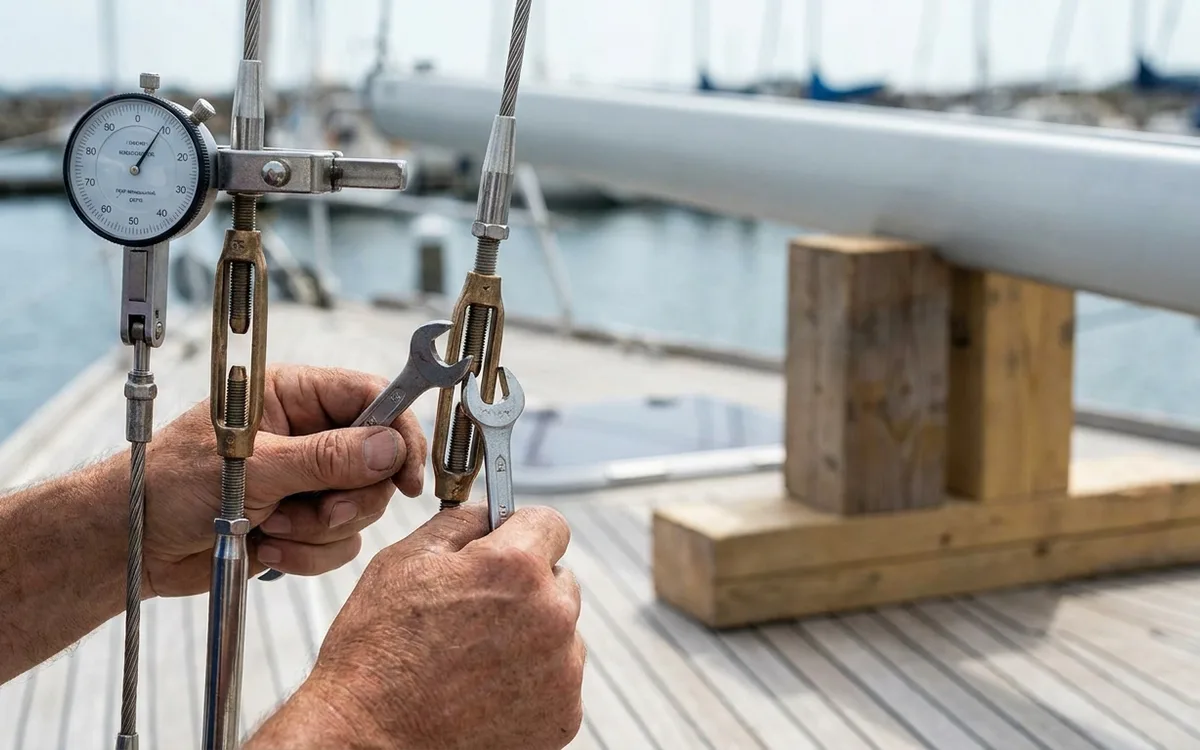 Hands evenly adjust cap-shroud turnbuckles while a gauge checks rig tension on a centered mast.