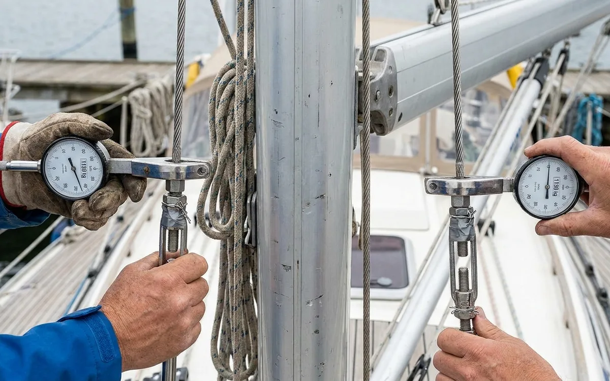 A rigger checks matching cap-shroud tension with a gauge while keeping the mast centered.
