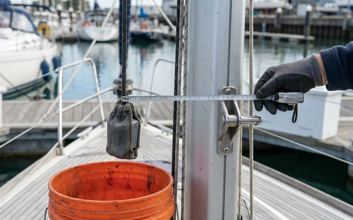 A rigger measures from a weighted main halyard to the mast’s aft face at gooseneck height.
