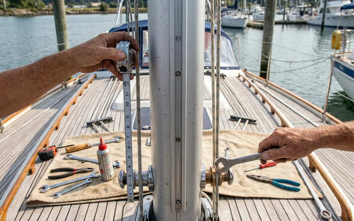 Hands compare halyard tape measurements to both chainplate pins while adjusting a cap-shroud rigging screw.