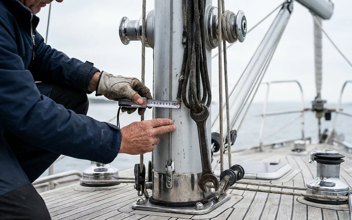A weighted main halyard hangs beside the mast as a sailor measures mast rake on a Hallberg-Rassy 42.