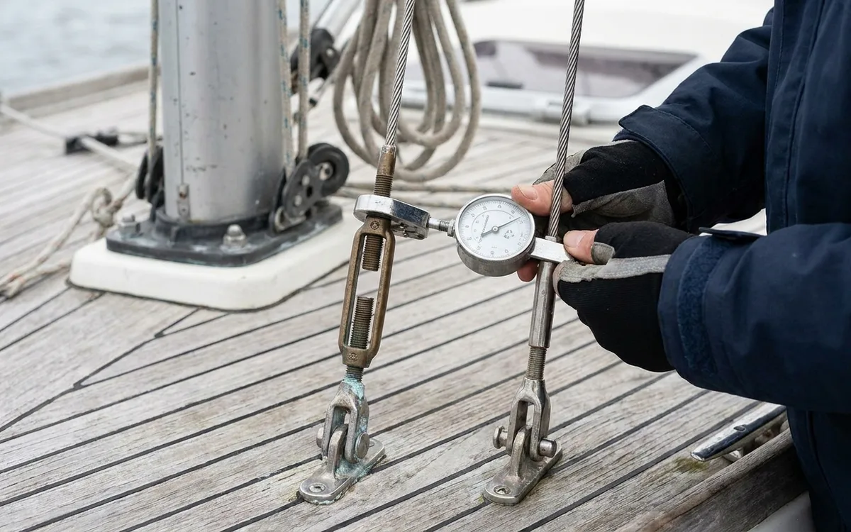 Hands measure a cap shroud with a wire tension gauge beside the bottlescrew.