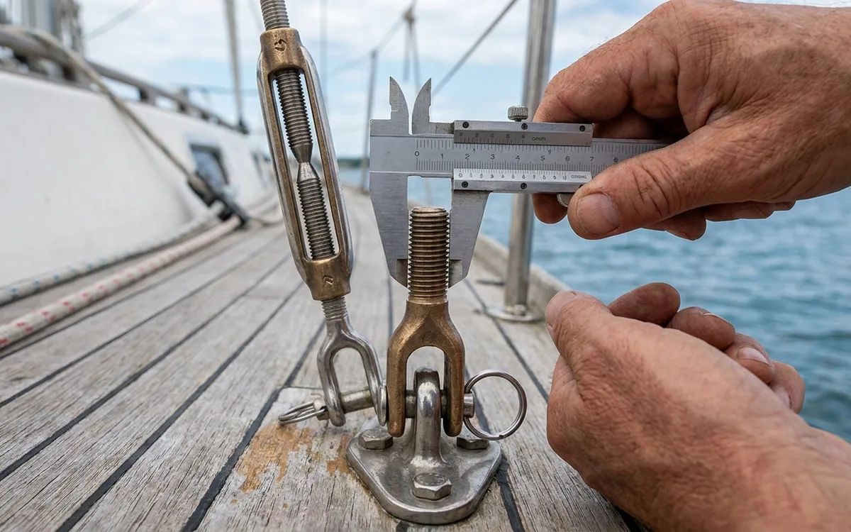 Hands measure a lower-shroud terminal’s exposed thread crests with a vernier caliper.