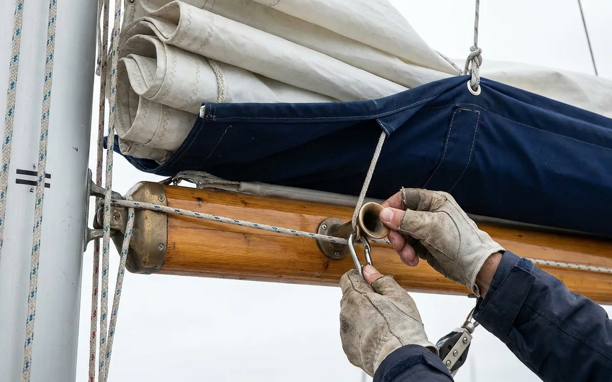 Gloved hands seat the mainsail reef tack cringle on the reefing horn as lazy jacks catch the lowered sail.