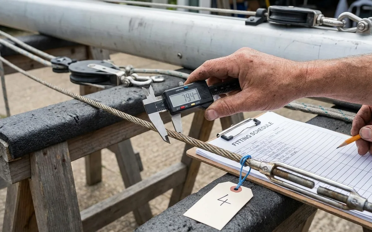Hands measure a labeled stainless shroud with calipers before specifying its replacement.