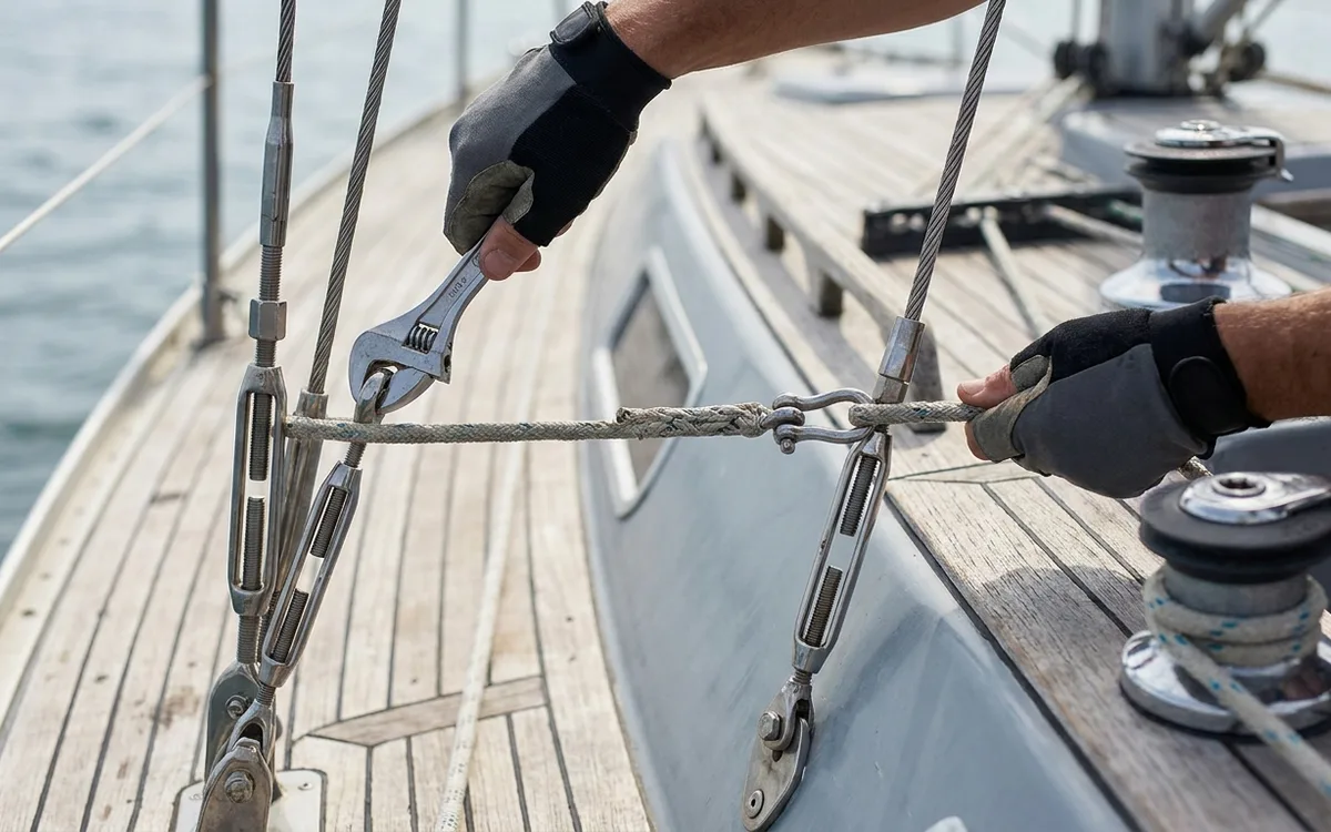 Hands compare taut main halyard reach at opposite cap-shroud chainplates while balancing turnbuckle adjustments.