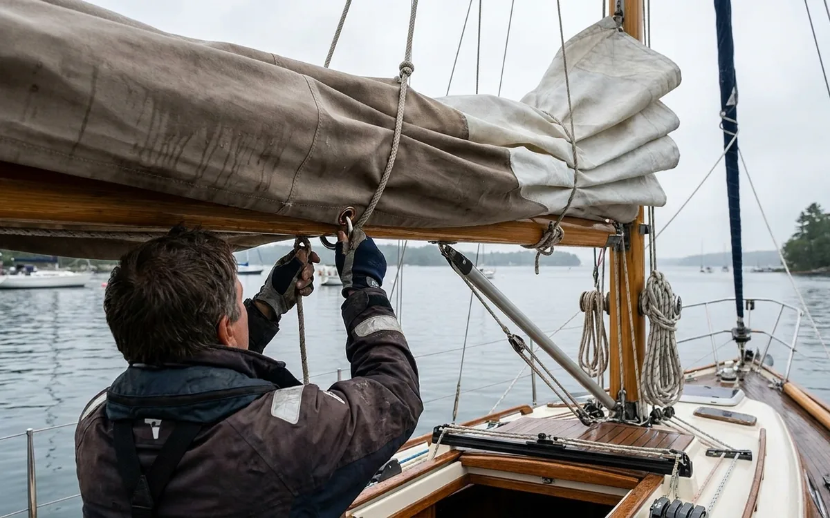 A sailor hooks the mainsail reef tack at the gooseneck as the reefing line tightens.