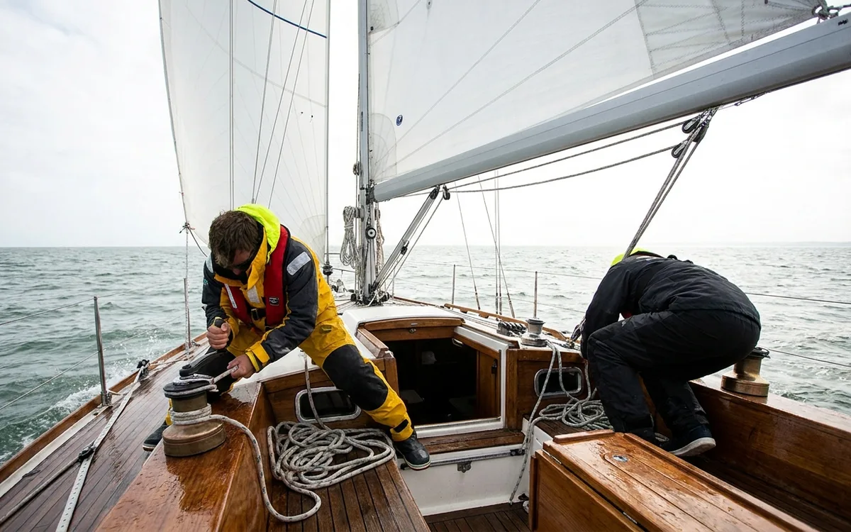 Crew winches the mainsheet to center the boom before a controlled gybe.