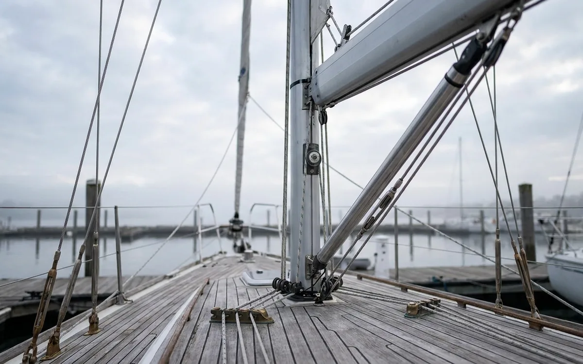 Yacht mast with taut forestay, backstay, spreaders, and shrouds viewed from the deck